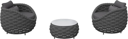 Deck Furniture Set: 3 Pieces Aluminum Woven Rope Patio Conversation Sofa Set for 2, Comfy Cushions Couch Armchair Table Set Assembled, 400lbs for Porch Balcony Pool Bistro Yard Hotel - Dark Gray