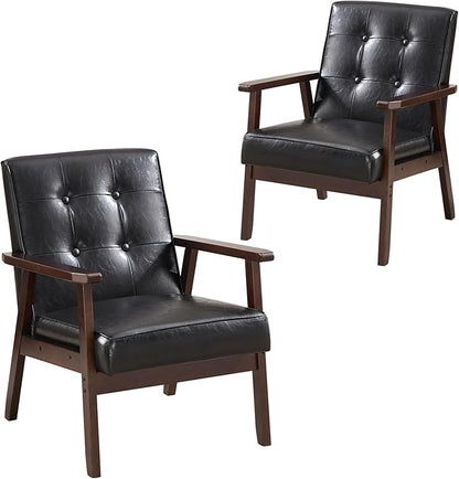 ANJ Mid Century Modern Accent Chairs, Set of 2, Black Faux Leather, Button Tufted with Wood Frame, Living Room Armchairs