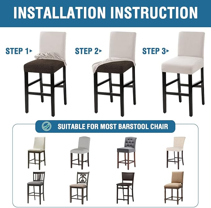 H.VERSAILTEX 100% Waterproof Bar Stool Cover Stretch Counter Stool Pub Chair Slipcover for Dining Room Removable Soft Thick Solid Fleece Fabric Bar Stool Slipcovers Set of 2, Ivory