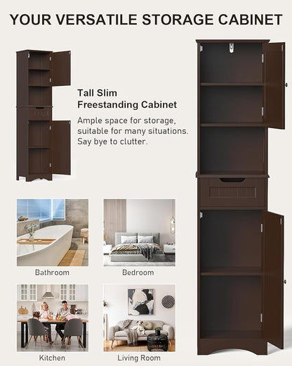Gizoon 67" H Tall Bathroom Cabinet, Storage Cabinet with 2 Doors & Drawer, Narrow Linen Tower Freestanding Adjustable Shelves for Home, Kitchen, Versatile, Anti-Tipping, Dark Brown