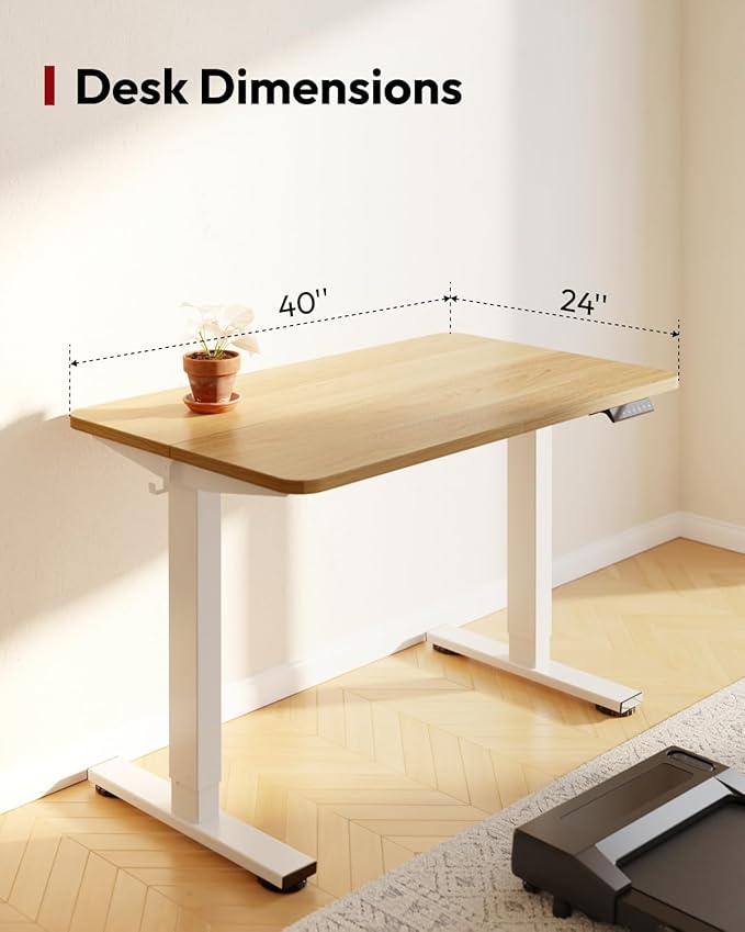 SANODESK Standing Desk Height Adjustable Electric 40x24 Inches Sit Stand Desk for Home Office Ergonomic with Splice Board Two Hooks, White Frame/Maple Top