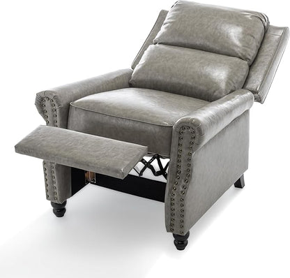 Pushback Recliner Chair, Faux Leather Wingback Recliner Chair, Upholstered Armchair Push Back Recliner with Wood Legs, Rivet Trim Single Sofa Accent Chair for Living Room, Bedroom, Gray