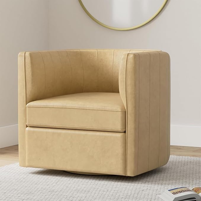 CHERS Rivet Mid-Century Modern Swivel Armchair, Channel-Tufted Faux Leather Accent Chair, 360-Degree Rotating Lounge Chair with Ergonomic Design for Living Room, Bedroom, Home Theater, Nude