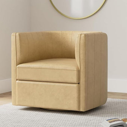 CHERS Rivet Mid-Century Modern Swivel Armchair, Channel-Tufted Faux Leather Accent Chair, 360-Degree Rotating Lounge Chair with Ergonomic Design for Living Room, Bedroom, Home Theater, Nude