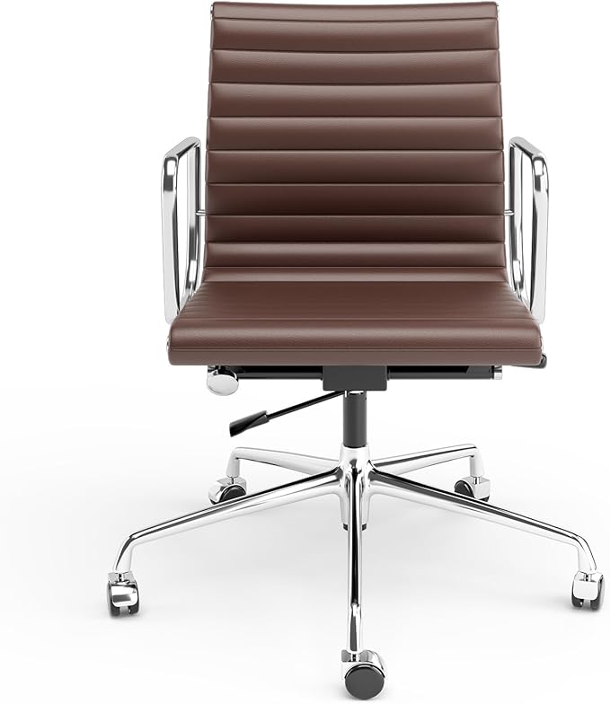 Ribbed Office Chair Top Grain Leather Desk Chair Mid Back Genuine Leather Swivel Chairs with Aluminum Alloy Arms & Base, with Silent Wheels, High Adjustable and Tilting Function,Brown