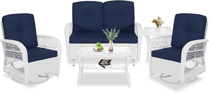 VIVIJASON 5-Piece Outdoor Patio White Wicker Conversation Sets, All Weather Outdoor Rattan Furniture Set Includes Glider Loveseat, 2 Coffee Table, 2 Swivel-Gliders Chairs with Cushions, Navy Blue