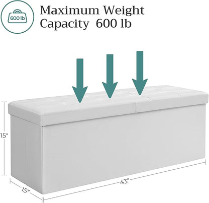 SONGMICS MAZIE Collection - 43 Inches Storage Ottoman Bench with Flipping Lid, Storage Chest with Iron Frame Support, Load 660 lb, for Living Room, Bedroom, Synthetic Leather, White ULSF75WT