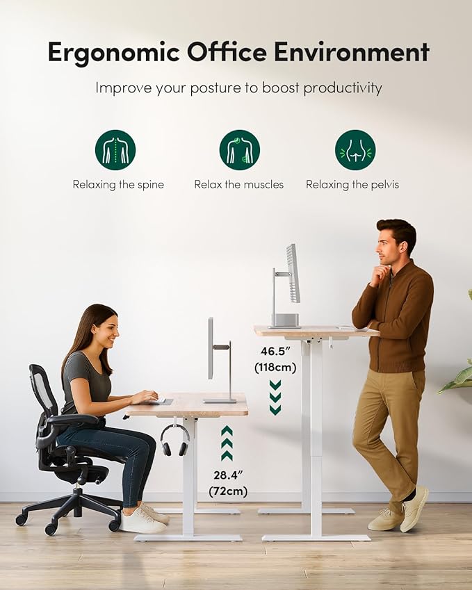 FEZIBO One-Piece Standing Desk Adjustable Height Stand up Home Office Desk, 48x24 Inch Electric Standing Computer Desk, with 4 Memory Presets, Headphone Hook, Maple