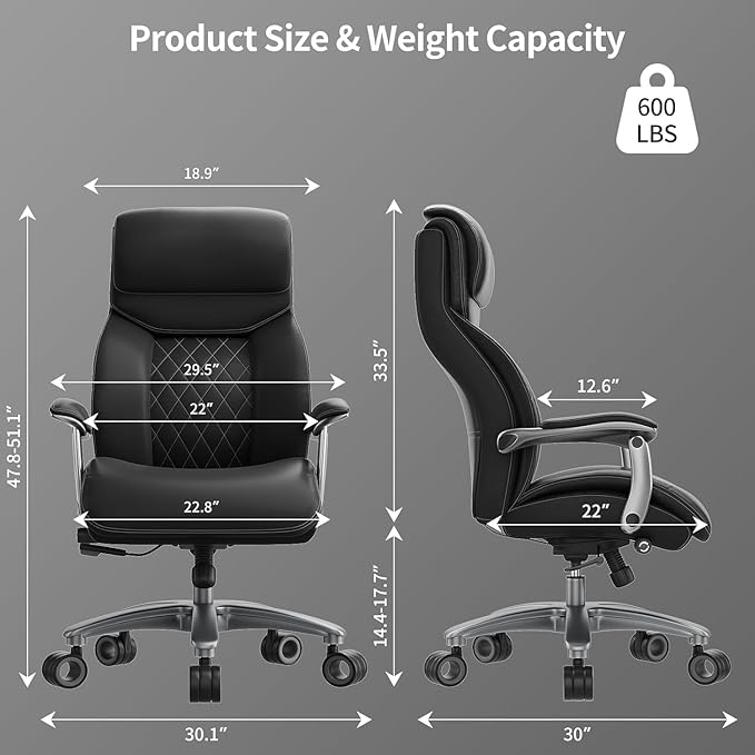 Big and Tall Office Chair with Wide Area Armrest, 600lbs Heavy Duty Desk Chair with Adjustable Lumbar Support, PU Leather High Back Ergonomic Executive Computer Chair with 3'' Silent Casters