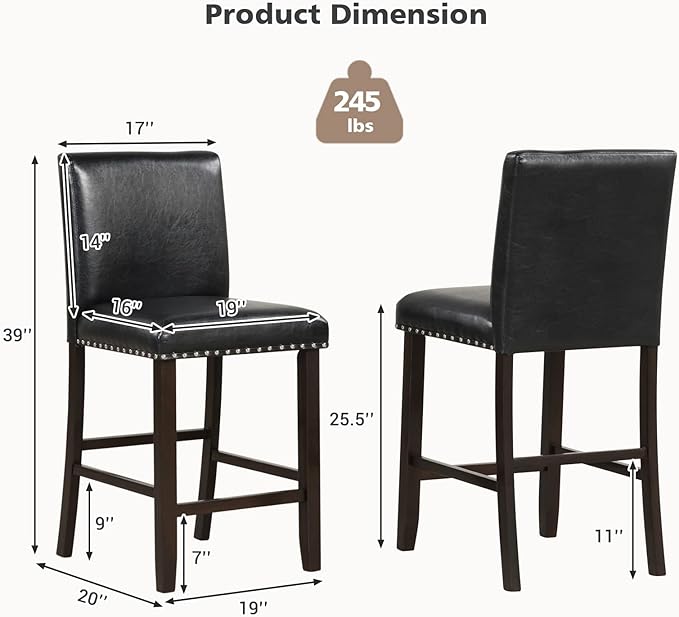 COSTWAY Bar Stools Set of 2, 25.5” PVC Leather Armless Counter Height Chair with Back, Kitchen Island Breakfast Chair for Dining Room, Party Room & Restaurant (2, Black)
