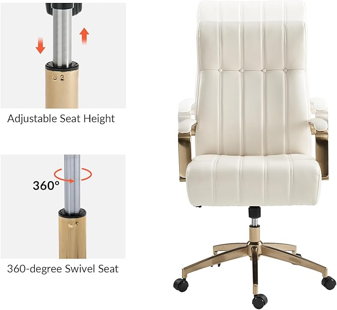 HULALA HOME Modern Executive Office Chair, Faux Leather Tufted Ergonomic Desk Chair with Gold Plated Base & Armrests, 360° Swivel Adjustable Height Tilt Home Office Chair for Work/Study