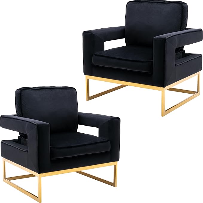 Modern Accent Chair Set of 2, Velvet Upholstered Side Chair with Backrest, Comfy Armchair Side Chair with Golden Metal Base for Living Room Reception Room, Black