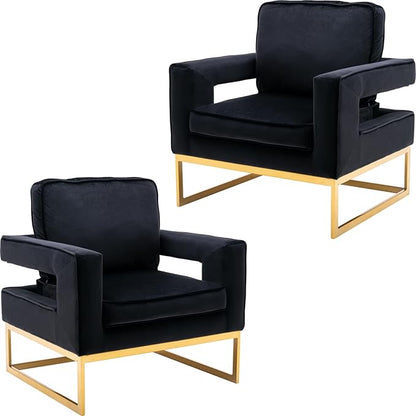 Modern Accent Chair Set of 2, Velvet Upholstered Side Chair with Backrest, Comfy Armchair Side Chair with Golden Metal Base for Living Room Reception Room, Black