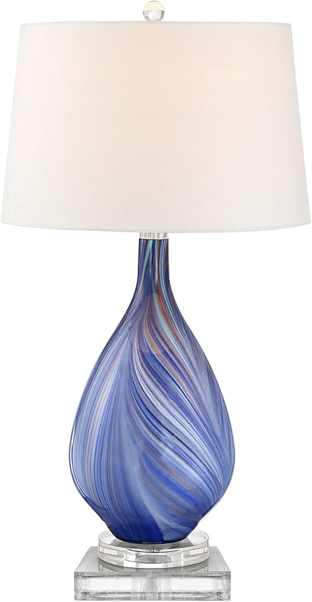 Possini Euro Design Taylor Modern Coastal Table Lamp with Square Riser 30.5" Tall Blue Art Glass White Fabric Shade for Living Room Bedroom House Bedside Nightstand Home Office (Color May Vary)