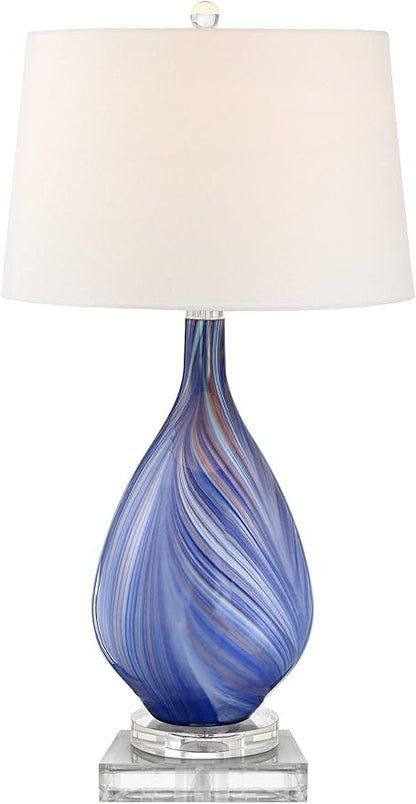 Possini Euro Design Taylor Modern Coastal Table Lamp with Square Riser 30.5" Tall Blue Art Glass White Fabric Shade for Living Room Bedroom House Bedside Nightstand Home Office (Color May Vary)