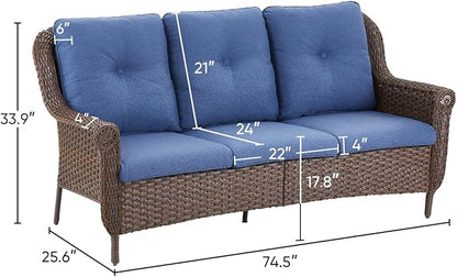 Patio Couch Outdoor Wicker Sofa - Heavy Duty All-Weather Brown Rattan 3-Seater with High Back and Comfortable Thick Cushions for Garden Back Porch Poolside Apartment - Navy Blue