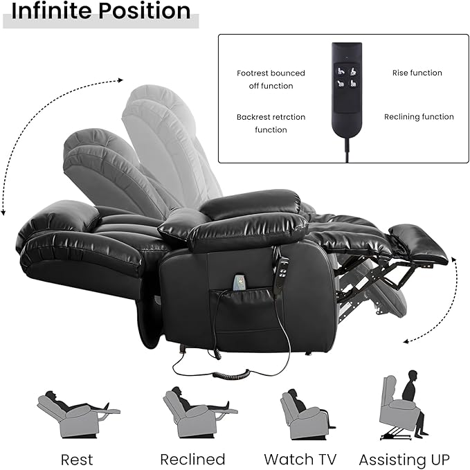 TEKAMON Power Lift Recliner Chair for Elderly with Heat & Massage, Dual Motor Genuine Leather Recliner, Lay Flat Sleeping Chairs with Infinite Position, RemoteControl(Black, Extended)
