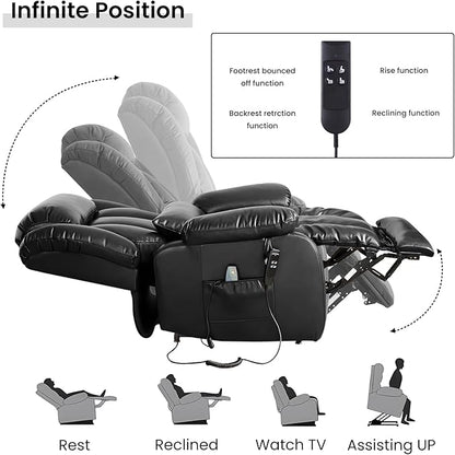 TEKAMON Power Lift Recliner Chair for Elderly with Heat & Massage, Dual Motor Genuine Leather Recliner, Lay Flat Sleeping Chairs with Infinite Position, RemoteControl(Black, Extended)