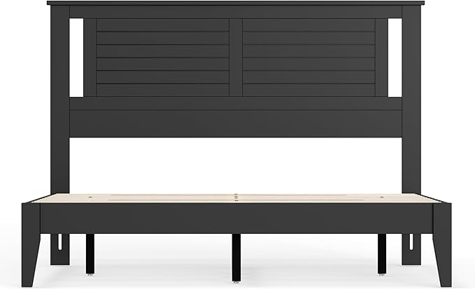 Serene Farmhouse Style Wood Bed in Queen Size with Horizontal Scoring Headboard, Coastal Modern Design, Sturdy, Easy Assembly, Ample Underbed Storage, Black Finish