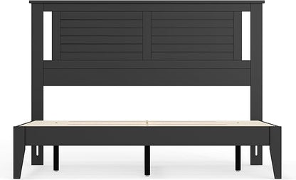 Serene Farmhouse Style Wood Bed in Queen Size with Horizontal Scoring Headboard, Coastal Modern Design, Sturdy, Easy Assembly, Ample Underbed Storage, Black Finish