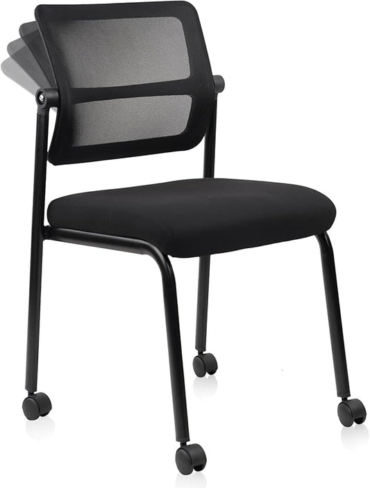CLATINA Stacking Armless Office Guest Chair with Wheels, Stackable Mesh Waiting Room Reception Desk Chairs with Adjustable Backrest for Conference Lobby Side School, Black