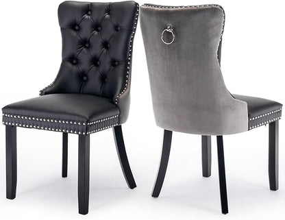 Leather Upholstered Dining Chairs Set of 2, Modern Style Kitchen Side Chairs with Nailhead Trim and Wood Leg, Metal Pulling Ring for Dining Room Living Room(Black&Grey,Set of 2)