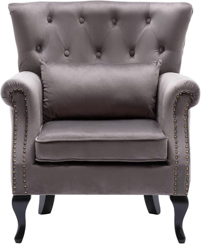 chairus Mid-Century Modern Accent Chair Comfy Tufted Single Sofa Chair Wingback Armchair with Pillow for Club, Living Room, Bedroom - Velvet, Grey