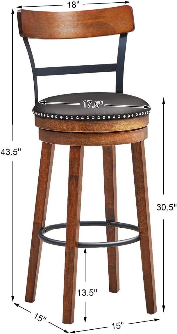 COSTWAY Bar Stools Set of 2, 360-Degree Swivel Stools with Leather Padded Seat, Single Slat Ladder Back & Solid Rubber Wood Legs, Bar Height Stools for Pub, Restaurant, Kitchen, Brown (2, 30.5)