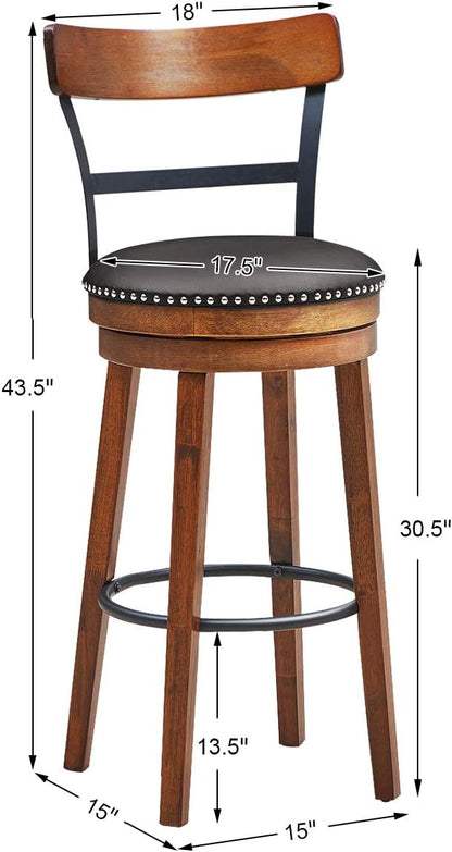 COSTWAY Bar Stools Set of 2, 360-Degree Swivel Stools with Leather Padded Seat, Single Slat Ladder Back & Solid Rubber Wood Legs, Bar Height Stools for Pub, Restaurant, Kitchen, Brown (2, 30.5)