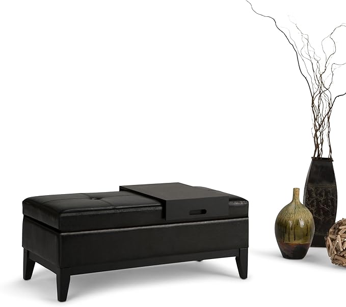 SIMPLIHOME Oregon 42 inch Wide Contemporary Rectangle Storage Ottoman Bench with Tray in Midnight Black Vegan Faux Leather, Assembled, For the Living Room, Entryway and Family Room