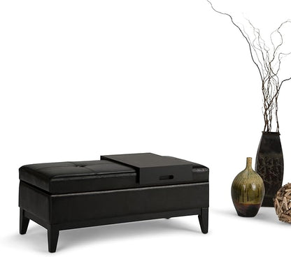 SIMPLIHOME Oregon 42 inch Wide Contemporary Rectangle Storage Ottoman Bench with Tray in Midnight Black Vegan Faux Leather, Assembled, For the Living Room, Entryway and Family Room