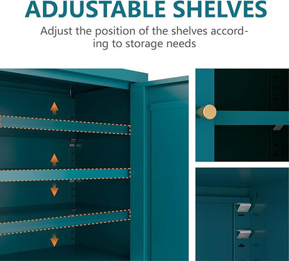 Metal Bathroom Cabinet, Small Floor Storage Cabinet, Freestanding Sideboard with 2 Adjustable Shelves for Living Room, Dinging Room (Blue, 31.5" H-2 Doors)