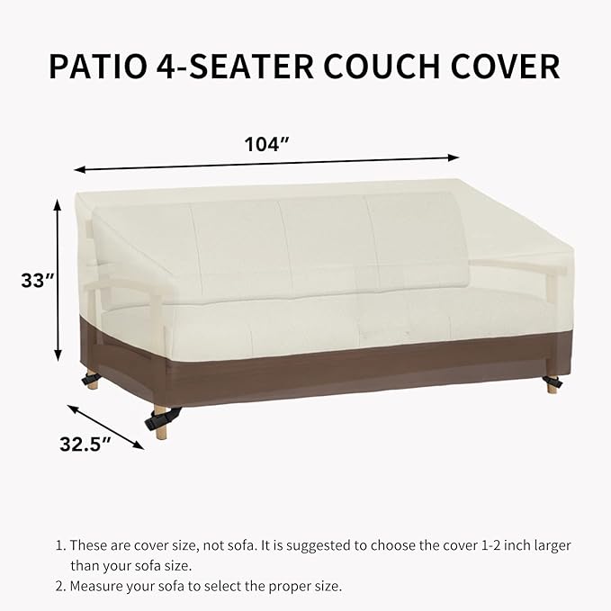 Easy-Going Waterproof Outdoor Couch Cover, Heavy Duty 3-Seater Patio Sofa Cover, Winchdproof Outdoor Furniture Cover with Air Vent (104Wx32.5Dx33H inch, Beige/Dark Brown)