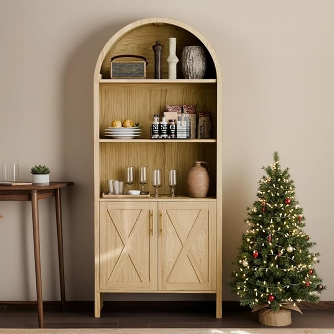 Arch Storage Cabinet with Beech-Wooden Door, 60” Cute Arched Display Cabinet, 4 Tier Farmhouse Buffet Cabinets with Storage for Dining Room, Living Room, Home Office or Kitchen (Oak)