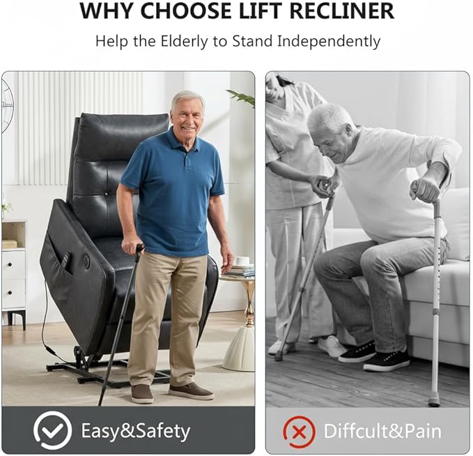 PELUMY Manual Lift Recliner Chair with Massage and Heat for Elderly, Single Motor Electric Lift Chair, Heavy Duty Recliner with USB Charging & Side Pockets (Breathable Leather, Grey)