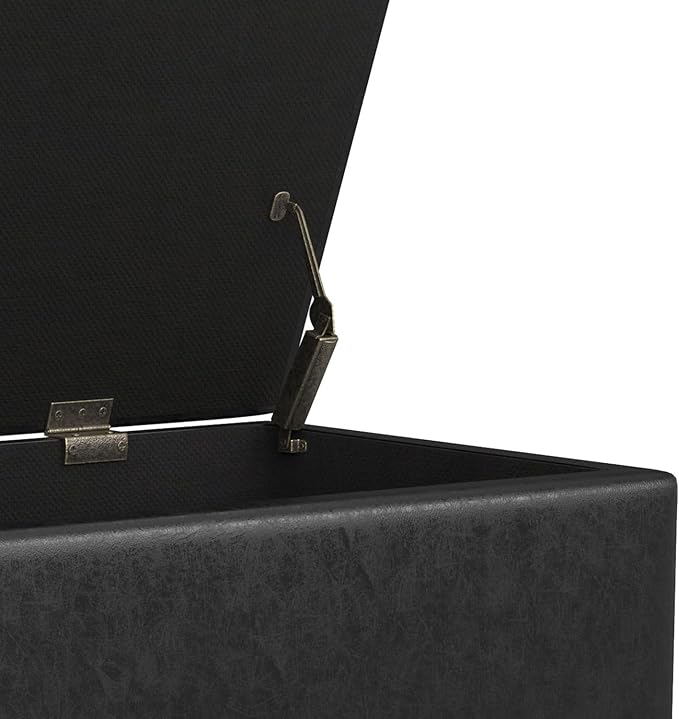 SIMPLIHOME Shay 48 inch Wide Mid Century Modern Rectangular Storage Ottoman in Distressed Black Vegan Faux Leather, Assembled, for The Living Room, Entryway and Family Room