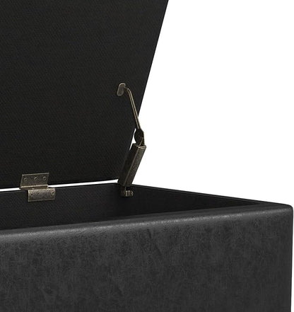 SIMPLIHOME Shay 48 inch Wide Mid Century Modern Rectangular Storage Ottoman in Distressed Black Vegan Faux Leather, Assembled, for The Living Room, Entryway and Family Room