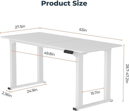 4 Legs Standing Desk, Large 63x28 Inches Electric Adjustable Height Desk with Splice Board, Stand Up Desks Home Office Computer Workstation, White