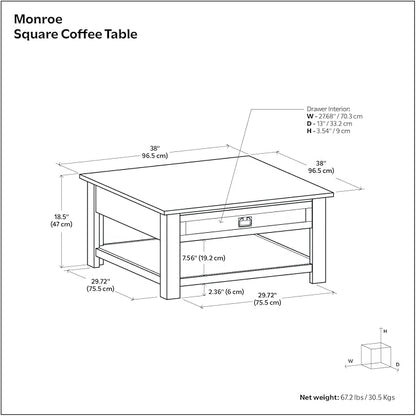 SIMPLIHOME Monroe Square Coffee Table - 38 inch Wide Solid Acacia Wood Living Room Table in Distressed Charcoal Brown, Rustic Cocktail Table for Family Room or Lounge with 2 Drawers and Open Shelf