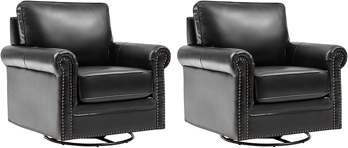 HULALA HOME Swivel Accent Chair Genuine Leather Barrel Rocker Chair with Metal Base Transitional Armchair Padded Round Armrest Set of 2, Black