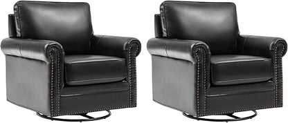 HULALA HOME Swivel Accent Chair Genuine Leather Barrel Rocker Chair with Metal Base Transitional Armchair Padded Round Armrest Set of 2, Black