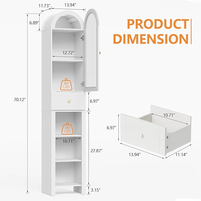 70" Tall Bathroom Storage Cabinet with Acrylic Door，Narrow Storage Cabinet with Drawer Adjustable Shelves, Modern Arched Design Bathroom Cabinet for Bathroom, Living Room, Kitchen, White