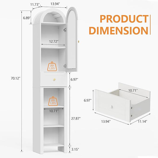 70" Tall Bathroom Storage Cabinet with Acrylic Door，Narrow Storage Cabinet with Drawer Adjustable Shelves, Modern Arched Design Bathroom Cabinet for Bathroom, Living Room, Kitchen, White