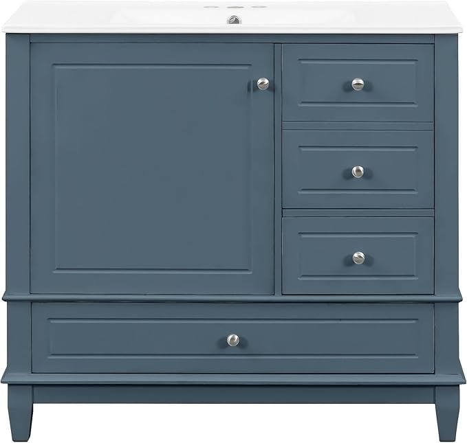 36 Inch Bathroom Vanity with Sink Set, Undermount Vanity Sink Cabinet with 3 Drawers and Door Storage, Soft Closing Door, Wood Frame, Blue Gray