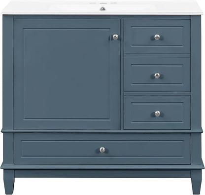 36 Inch Bathroom Vanity with Sink Set, Undermount Vanity Sink Cabinet with 3 Drawers and Door Storage, Soft Closing Door, Wood Frame, Blue Gray
