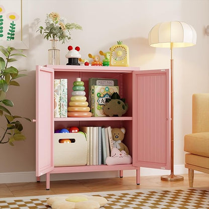Living Room Cabinets, Pink Lockable Storage Cabinets with Doors and Shelves,2 Door Cabinet with high feet,Modern Metal Locker,Low Side Cupboard for Home,Office,Kitchen,Bathroom,Dining Room