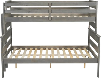 Solid Wood Twin XL Over Queen Bunk Bed with Ladder and Slat Support,Bedroom Detachable Bed Frame w/Easy Assembly & No Box Spring Required,for Kid Adult Boy Girl Teen,Gray