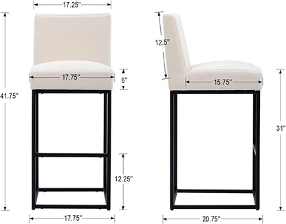 31" Height Cream Fabric Bar Stool, Counter Height Stool with Back and Footrest for Kitchen Modern Metal Barstool, Linen Upholstered Farmhouse Bar Chair Island Stool