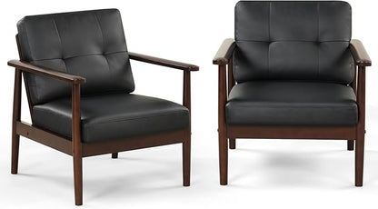 STHOUYN Mid Century Modern Chair, PU Leather Accent Chair Set of 2 with Wood Arms, Living Room Chairs, Reading Armchair for Bedroom, Waiting Room, Office