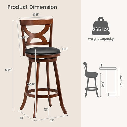 COSTWAY Bar Stools Set of 2, 30.5” 360-Degree Swivel Chairs with Soft Cushion & Elegant Hollow Backrest, Rubber Wood Footrests, Upholstered Swivel Bar Stools for Kitchen Island, Pub, Café (2, 30.5‘’)